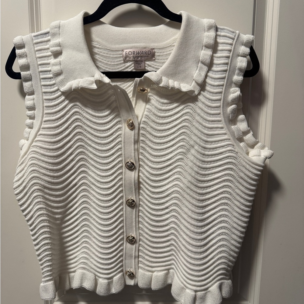 White Sleeveless Knit Top with Ruffle Trim